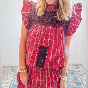 marie Tops J Marie Rayna Embroidered Plaid Cap Sleeve